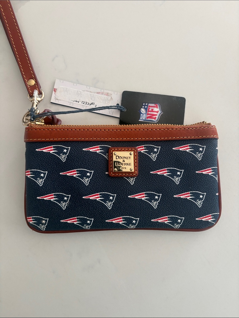 NWT Dooney & Bourke Navy and Brown Patriots Logo Wristlet